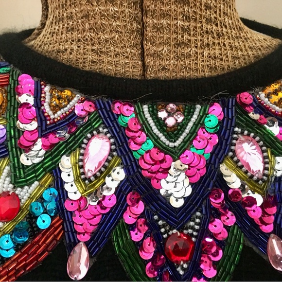 Vintage Sequin & Beaded Cedars Black Knit Dress Sweater Size: M - Picture 6 of 14